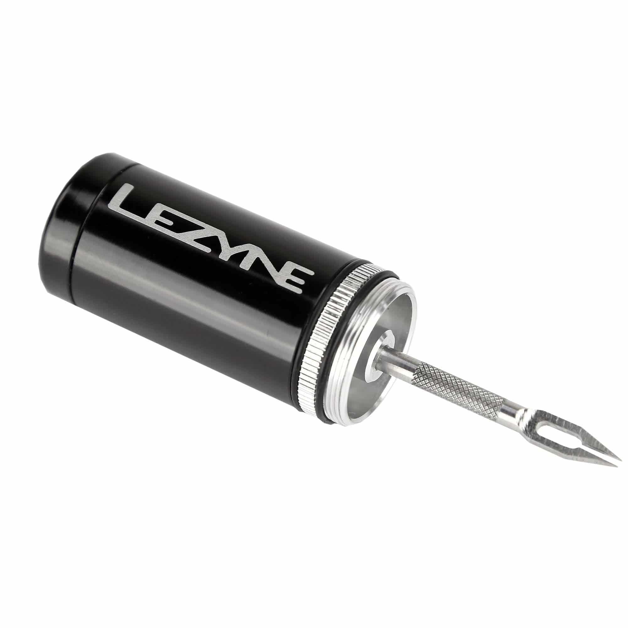 Lezyne tubeless tire repair kit with aluminum handle and plugs, black workshop tool for bicycle tire repairs.