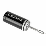 Lezyne tubeless tire repair kit with aluminum handle and plugs, black workshop tool for bicycle tire repairs.