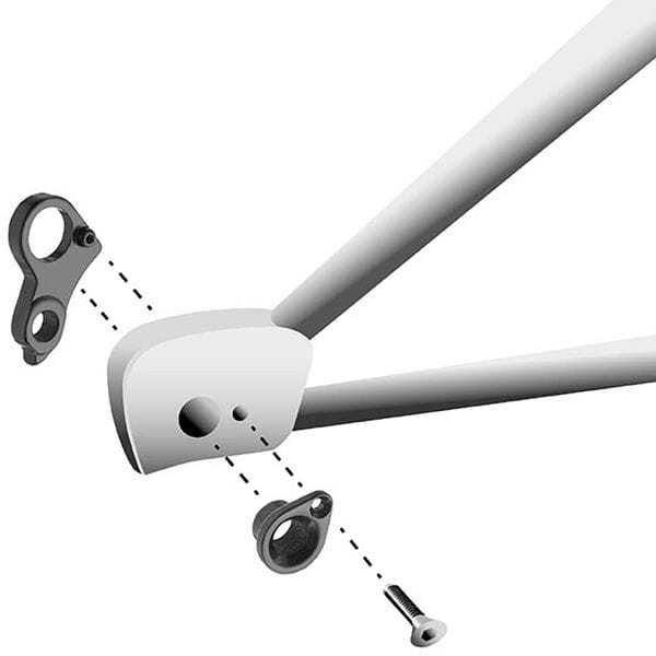 M Part Gear Hanger Cube with Axle Cap, durable bicycle frame component for bike protection and gear alignment.