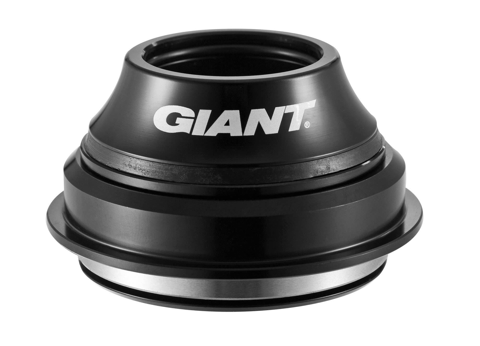 Giant All Mountain headset with 1 1/8" to 1 1/2" steerer tube, black anodized mountain bike component installed on bike fork