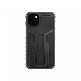 Topeak iPhone 15 Plus Ridecase in black with flip stand and charging support, showcasing durable protective accessories for cycling.
