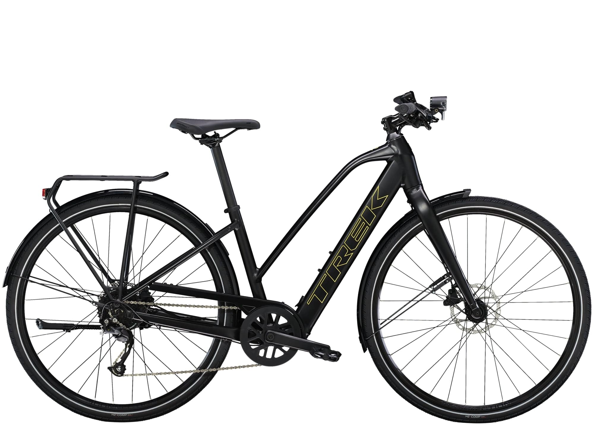 Trek FX+ 2 Stagger Women’s e-hybrid bike with Shimano Altus M2000 gears and optional range extender battery, shown outdoors.
