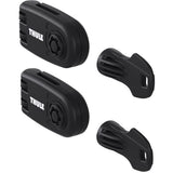 Thule Wheel Strap Locks for bike carriers with secure plastic straps and two included adaptors, ensuring bike security during transport.