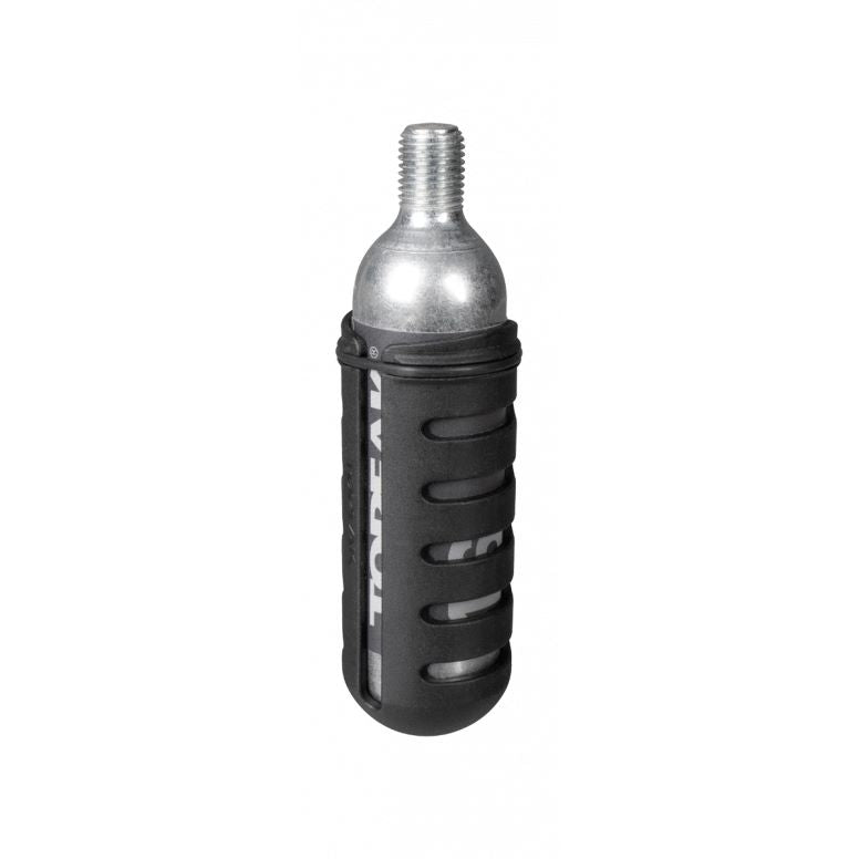 Topeak AirBooster Nano bike tire inflator with 16g CO2 cartridge, black, compact cycling accessory for quick tire inflation.