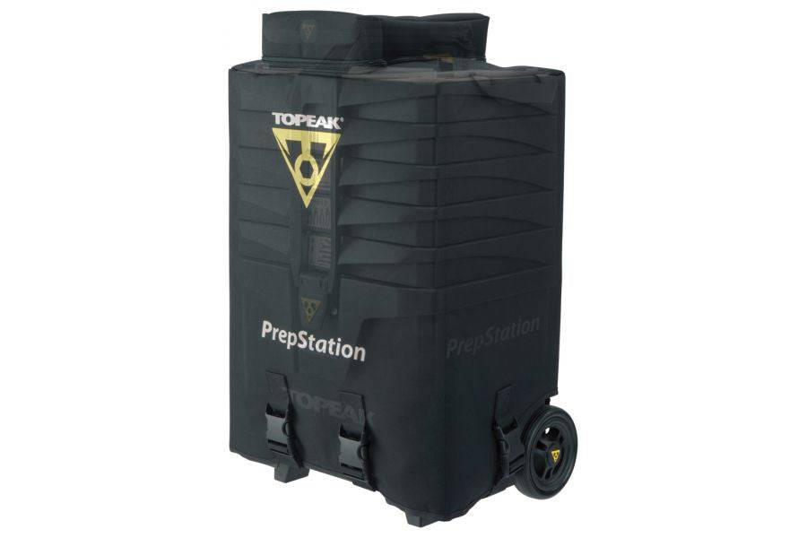 Black Topeak PrepStation Case Cover providing durable dust protection for workshop tools and equipment.