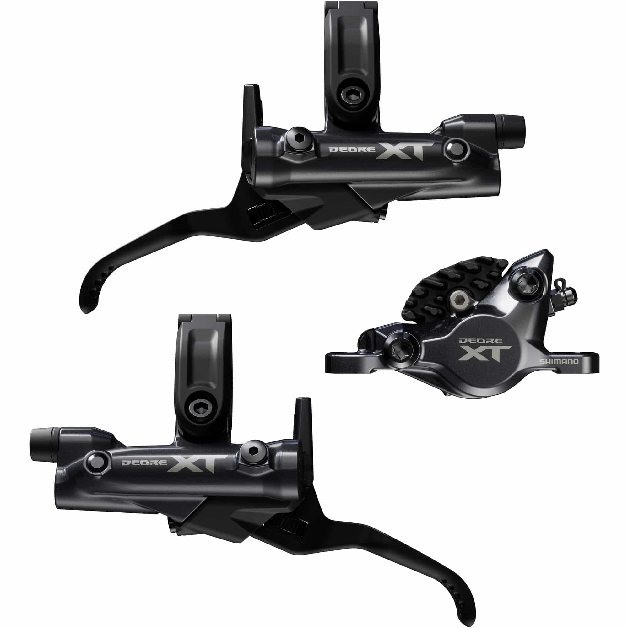 Shimano Deore XT BR-M8200 brake levers and callipers, front and rear bike components, with 2-pot design for powerful braking.