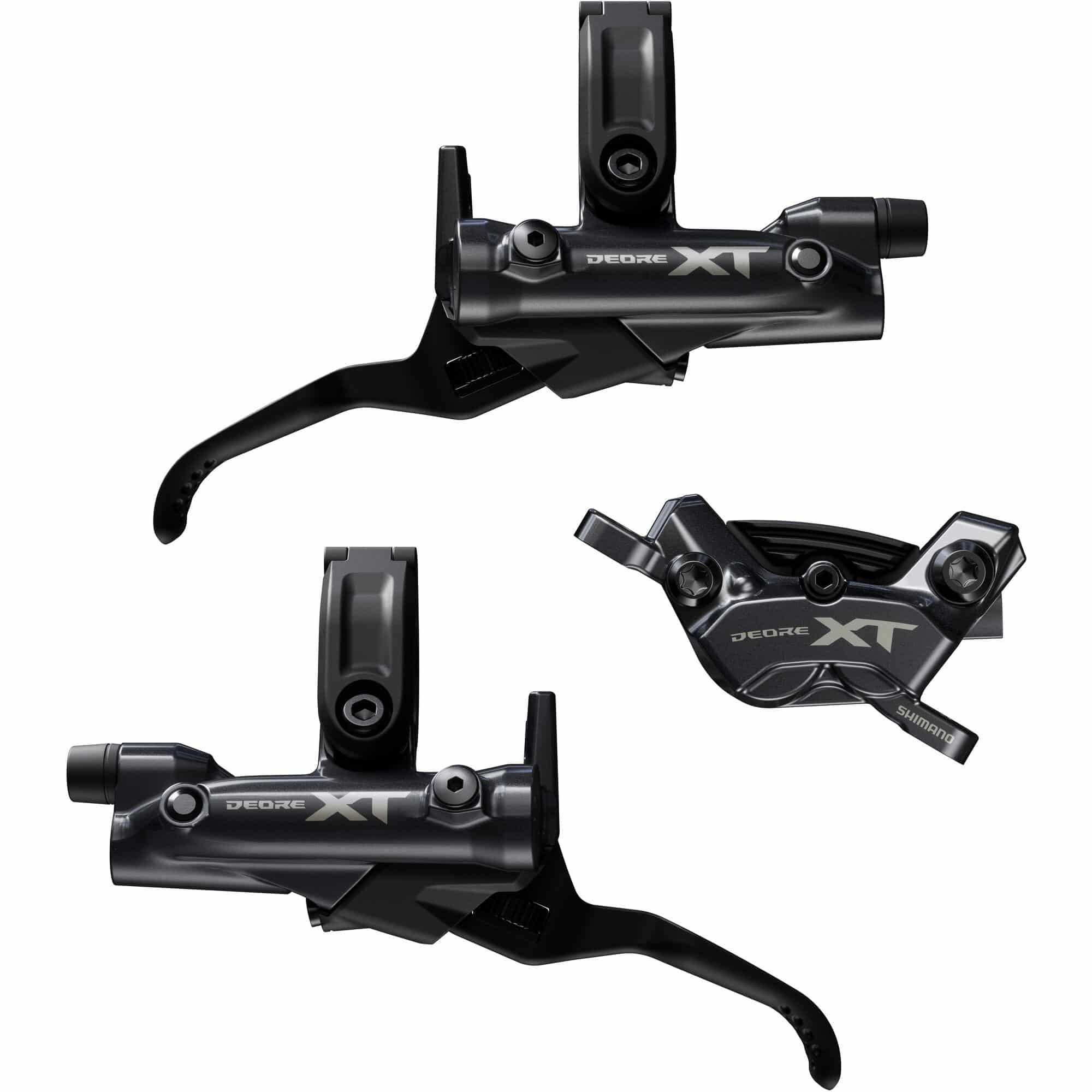 Shimano Deore XT BR-M8220 brake levers and callipers front and rear, 4-pot components for mountain bike braking system.