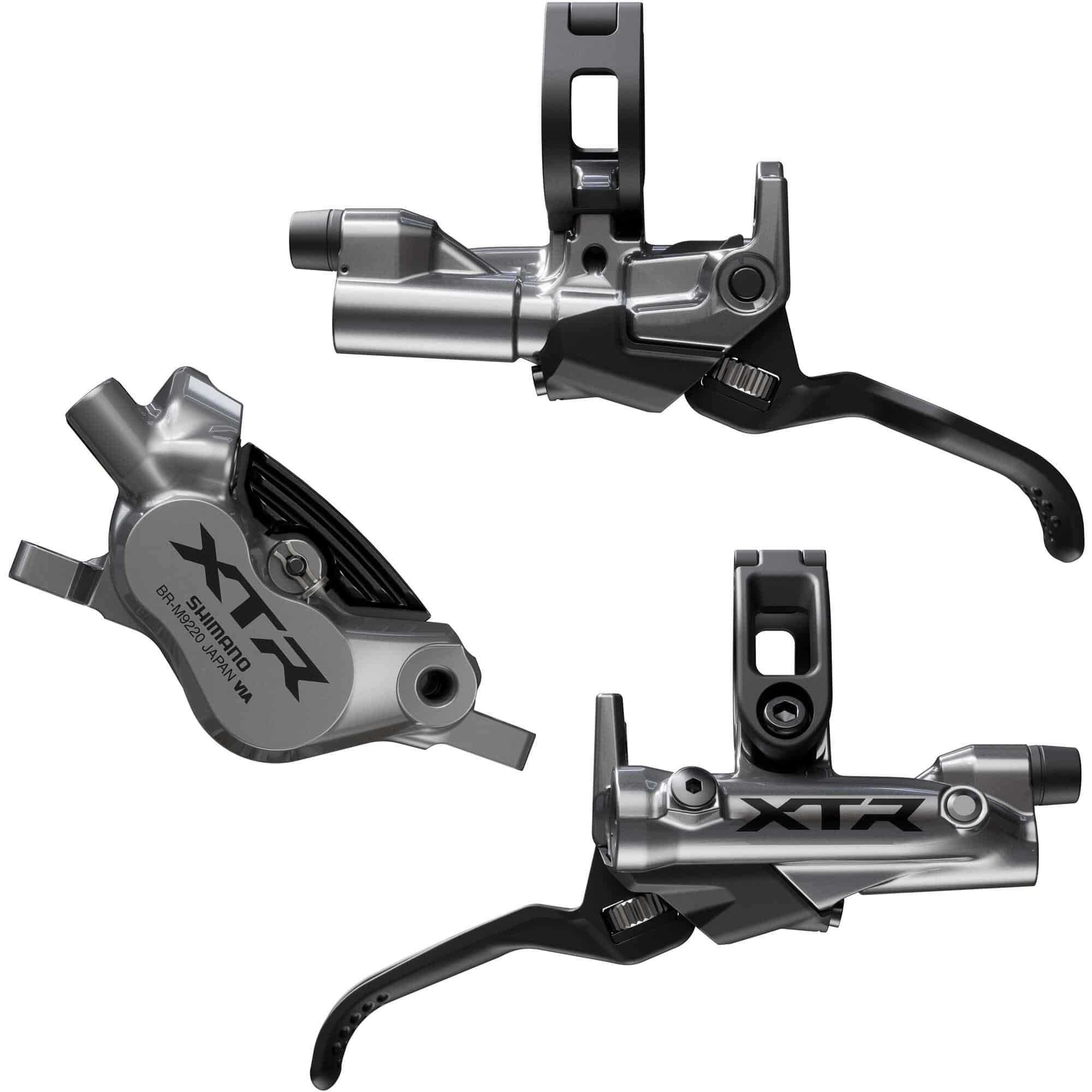 Shimano XTR BR-M9220 brake levers and calipers set with 4-pot design for front and rear mountain bike braking system.