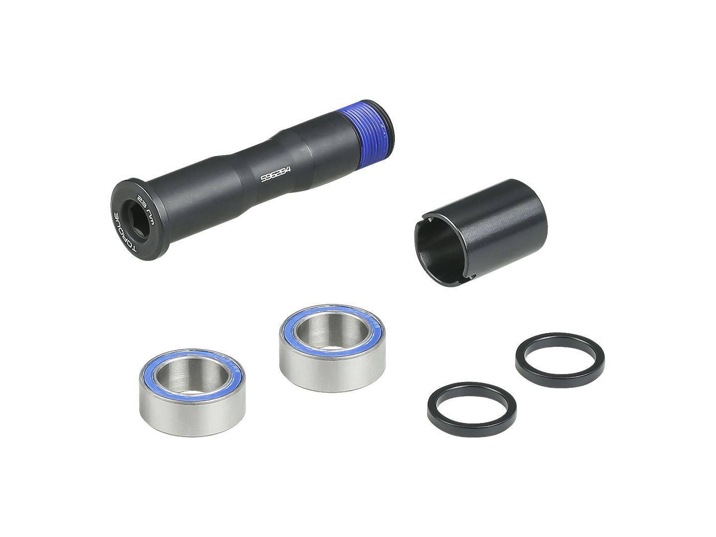 Black Trek Supercaliber 29 main pivot kit for suspension upgrade and replacement, shown with components and hardware.