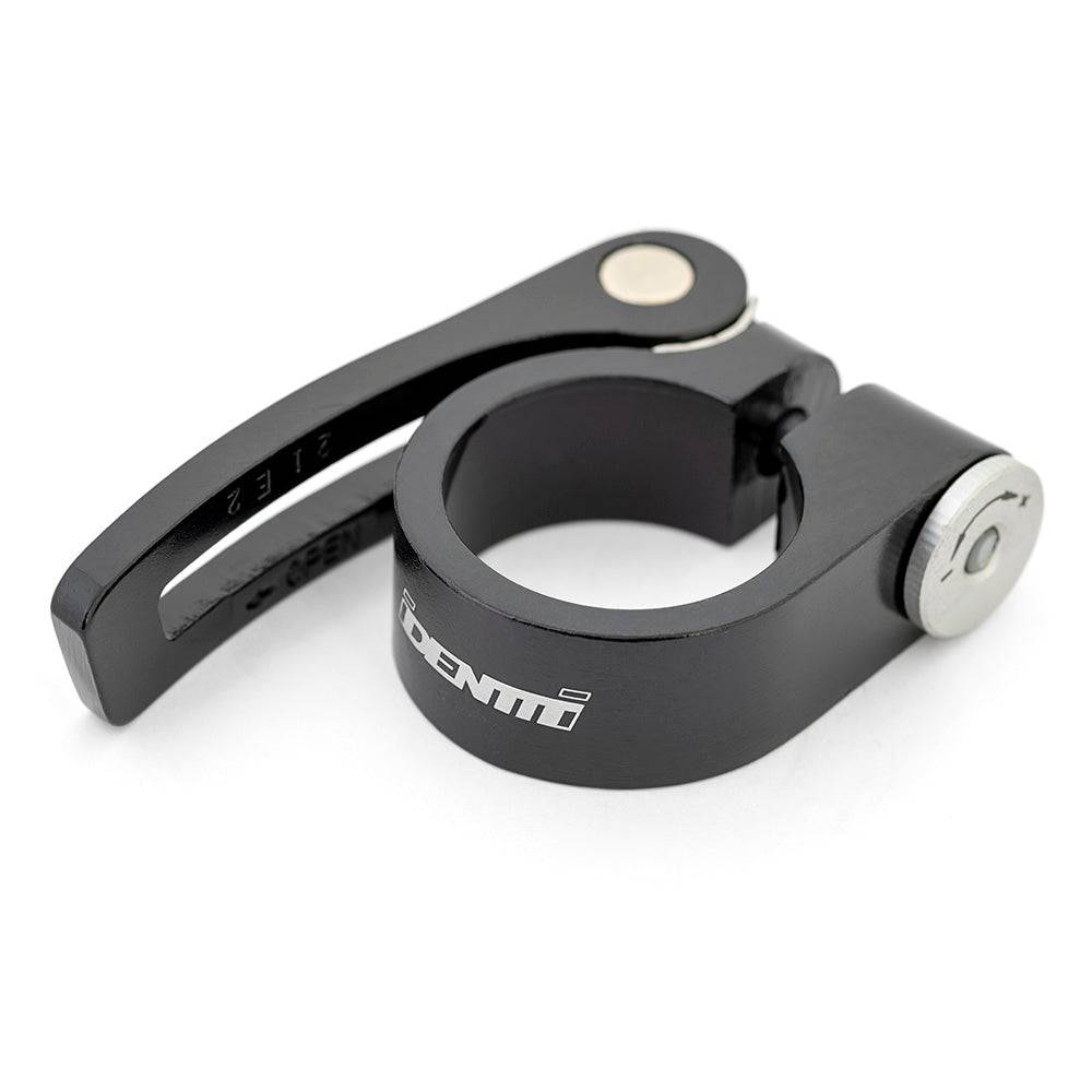Black ID quick release seat clamp component for easy seatpost adjustment, 31.8mm size, durable bicycle bike accessory.