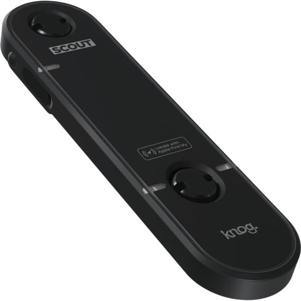 Knog Scout bike alarm and finder with 85dB motion alarm and Apple Find My integration, showing the compact device on a bike handlebar.