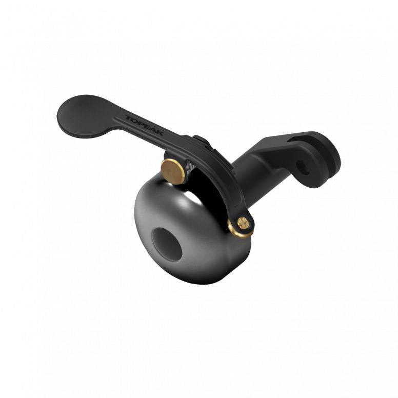 Topeak UTF Bellonside black bike bell mounted on handlebars, designed for UTF multi-mount system, accessory for bike safety.
