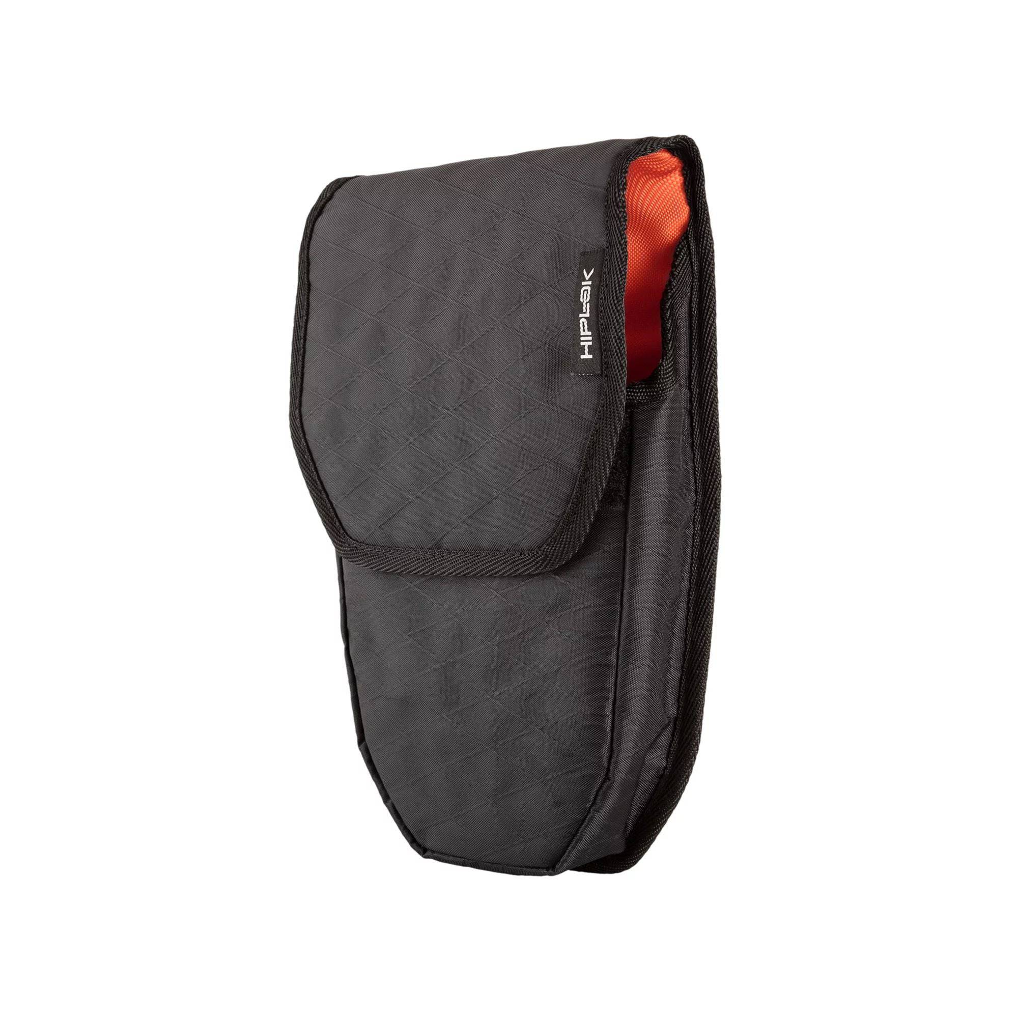 Hiplok D1000 black water-resistant lock pouch with belt and bike mount, designed for secure lock carrying on bicycles.