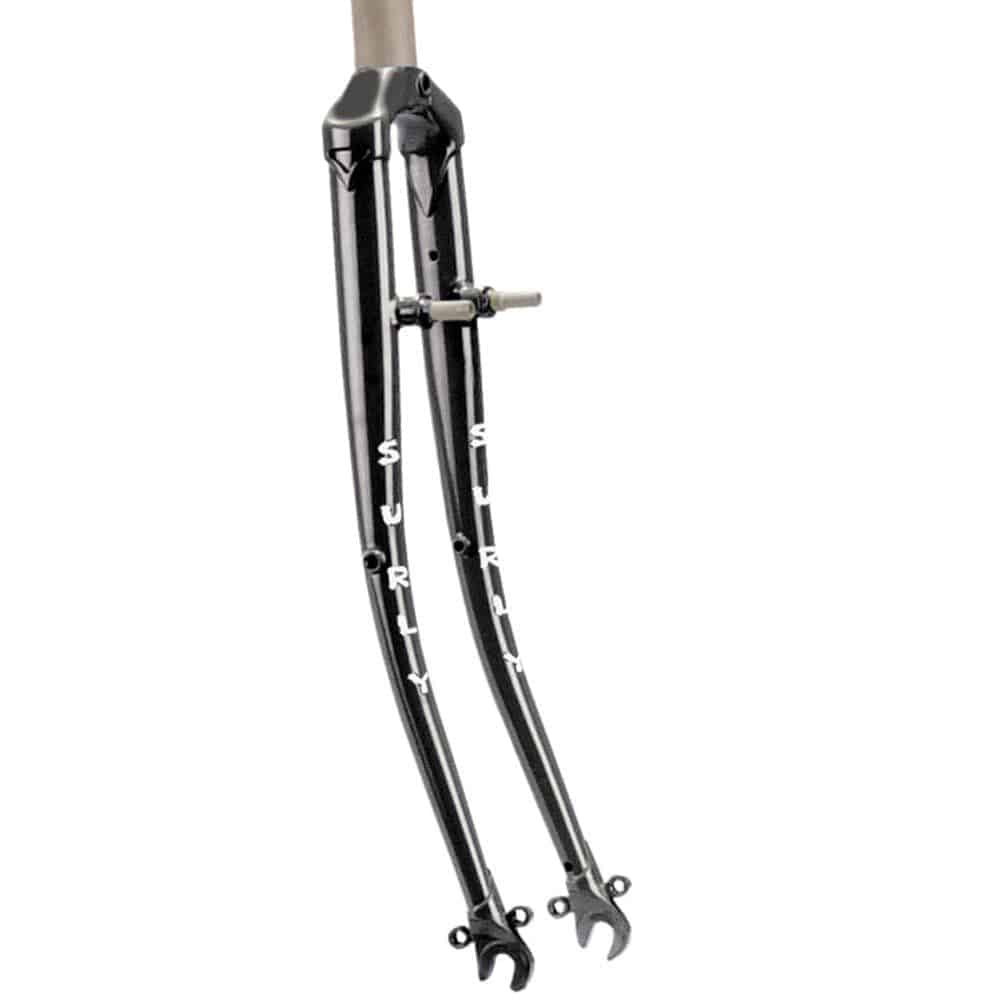 Surly Long Haul Trucker touring bike fork with mudguard and rack mounts, black metal component for bike touring and commuting.