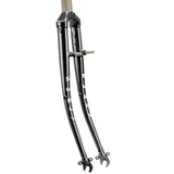 Surly Long Haul Trucker touring bike fork with mudguard and rack mounts, black metal component for bike touring and commuting.