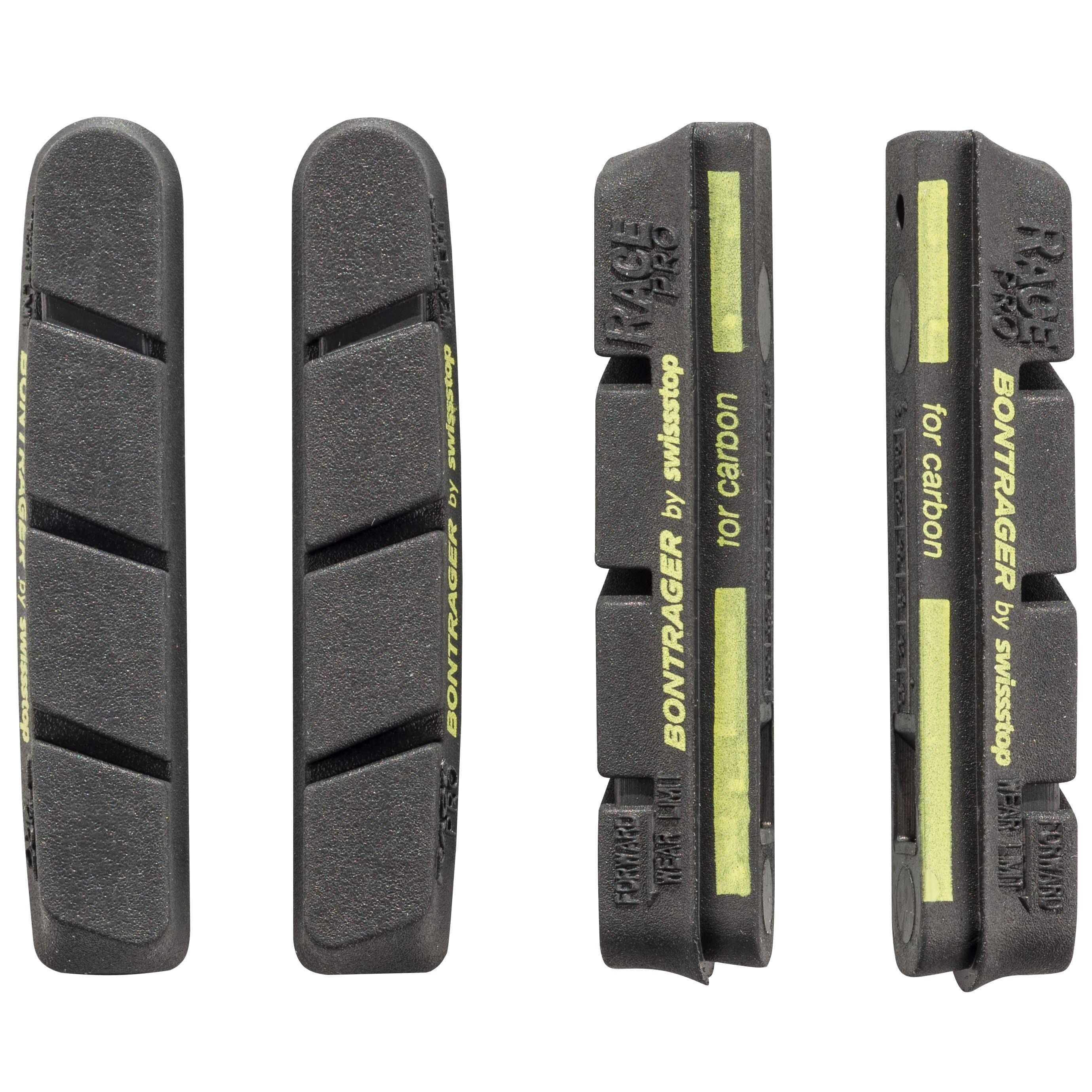 Bontrager Black Prince Race Pro brake pads for carbon rims, Campagnolo compatible, shown installed on a bicycle wheel.