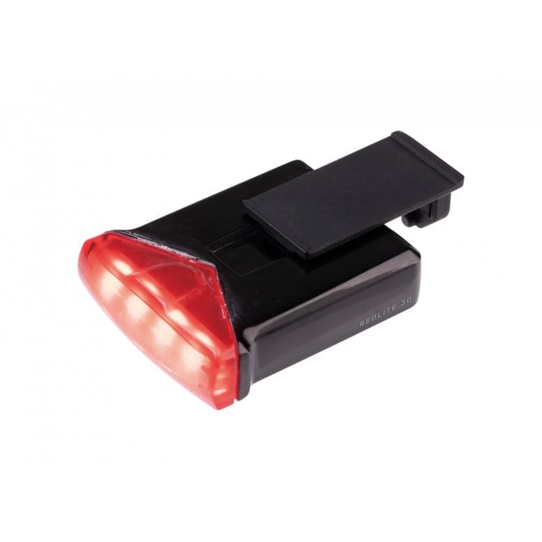 Topeak Redlite 30 USB rechargeable rear bike light with 30 lumens, black waterproof design, and IPX6 waterproof rating.