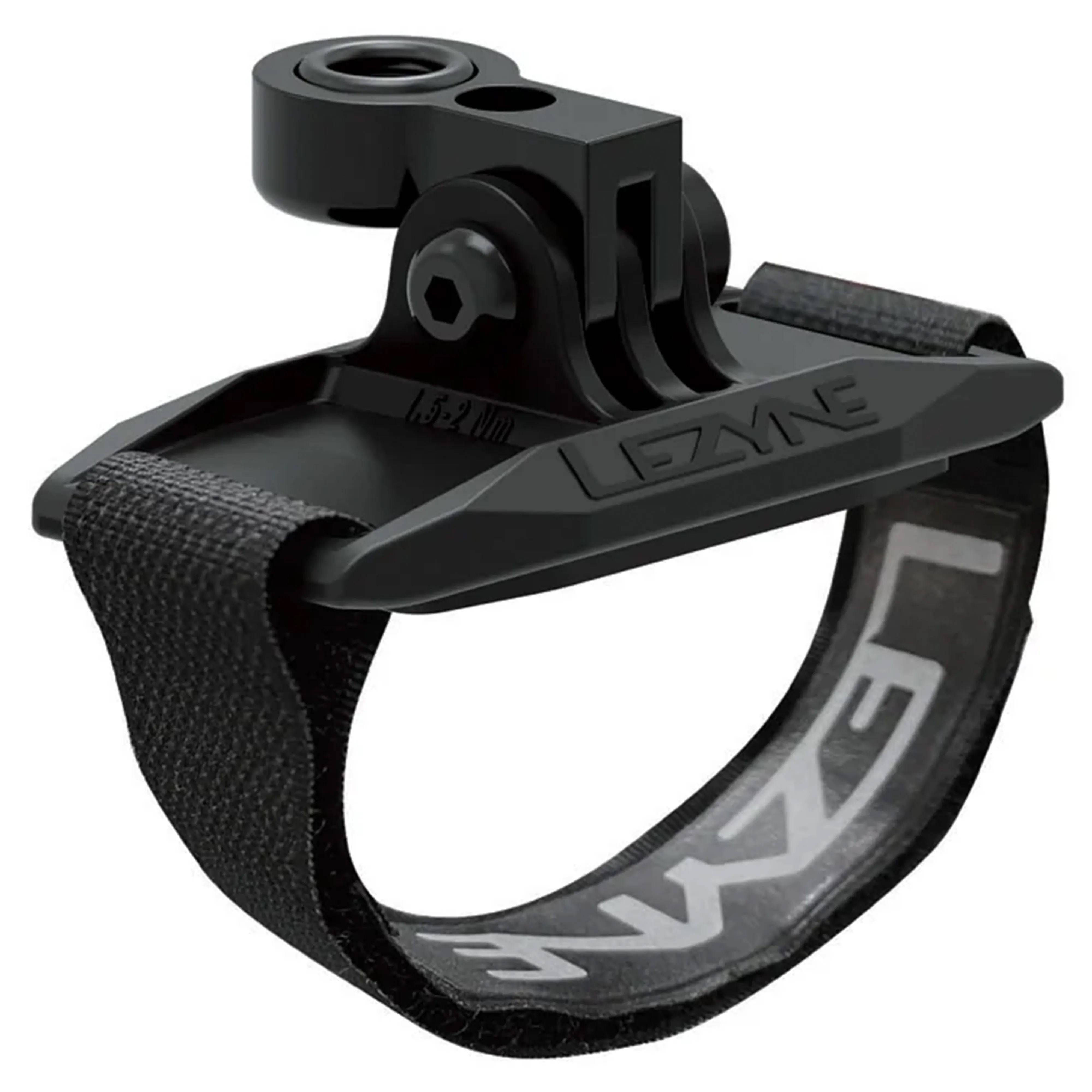Lezyne helmet mount accessory with Velcro strap for GoPro cameras and LED lights, suitable for cycling or outdoor activities.