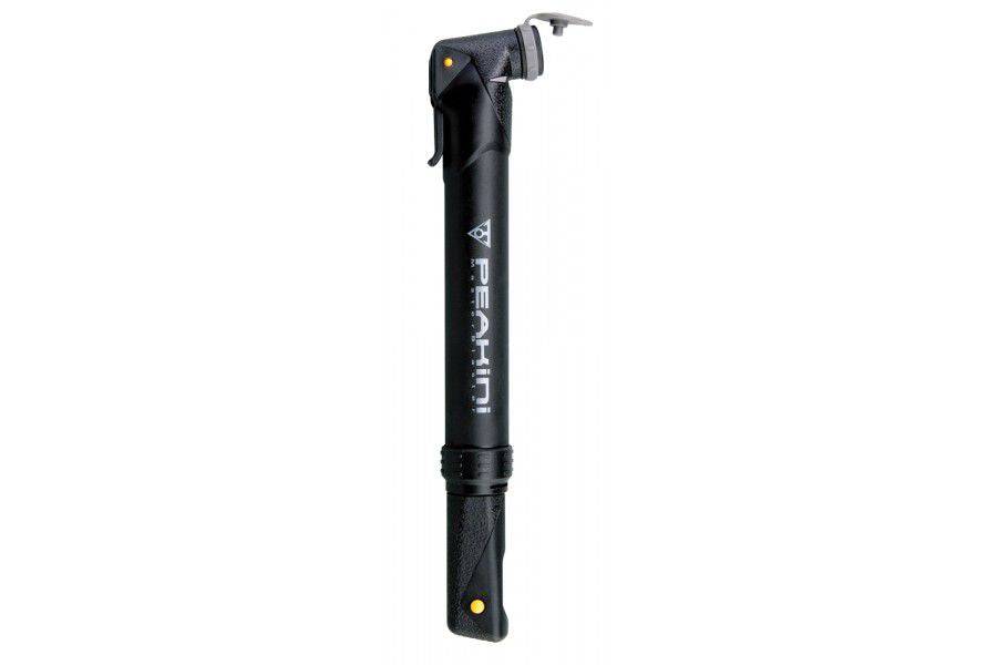 Topeak Peakini II black compact bike pump for quick tire inflation, shown with pressure gauge and handle.