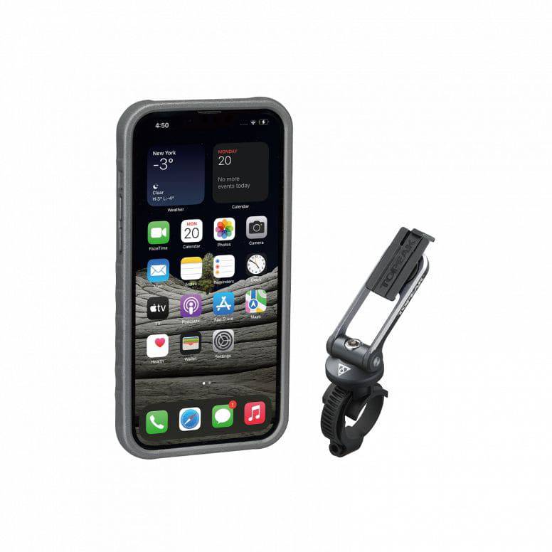 Topeak Ridecase bike phone mount for iPhone 13 Pro Max with adjustable viewing angles and secure grip on accessories.
