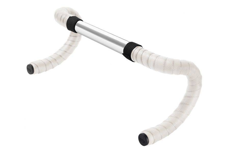 Brooks Cambium rubber bar tape with padded grip and bar end plugs for cycling, shown wrapped around bicycle handlebars.