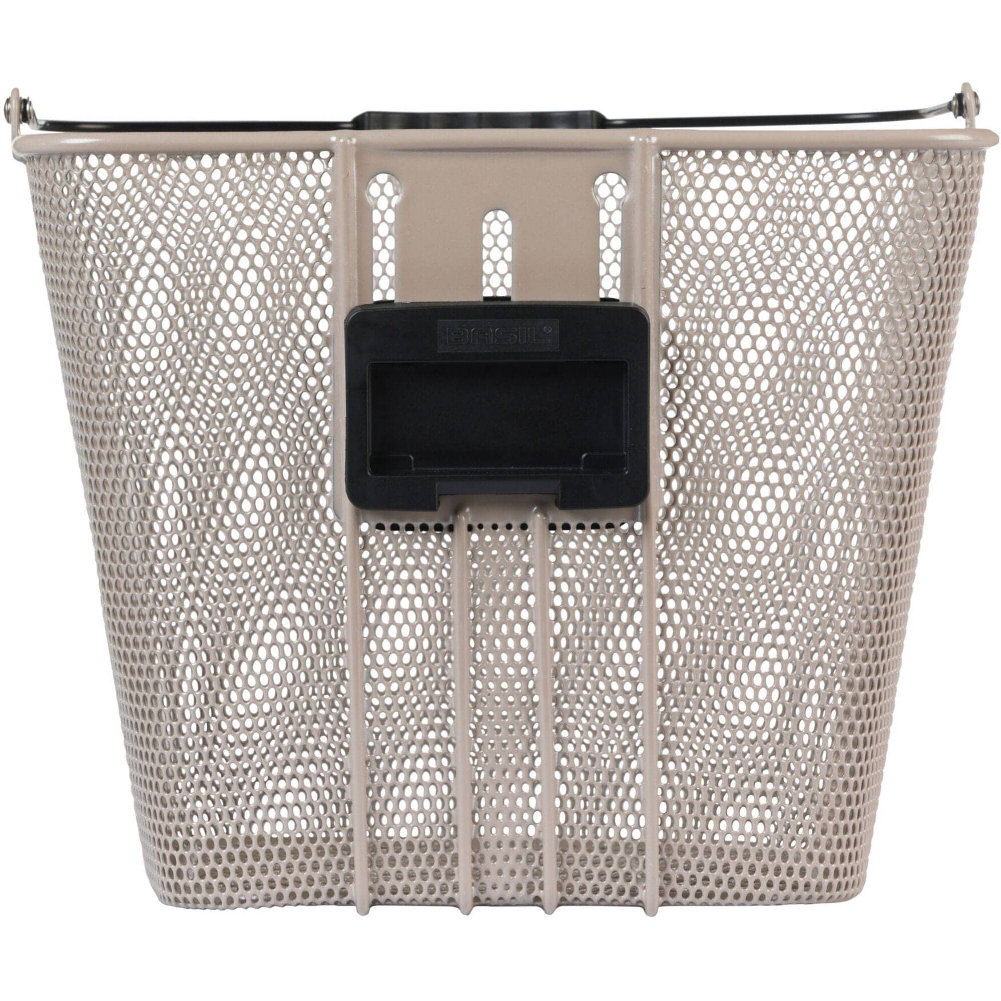 Basil Bilbao Nude Metallic Front Bicycle Basket with adjustable height and KF plate, designed for stylish cycling accessories.