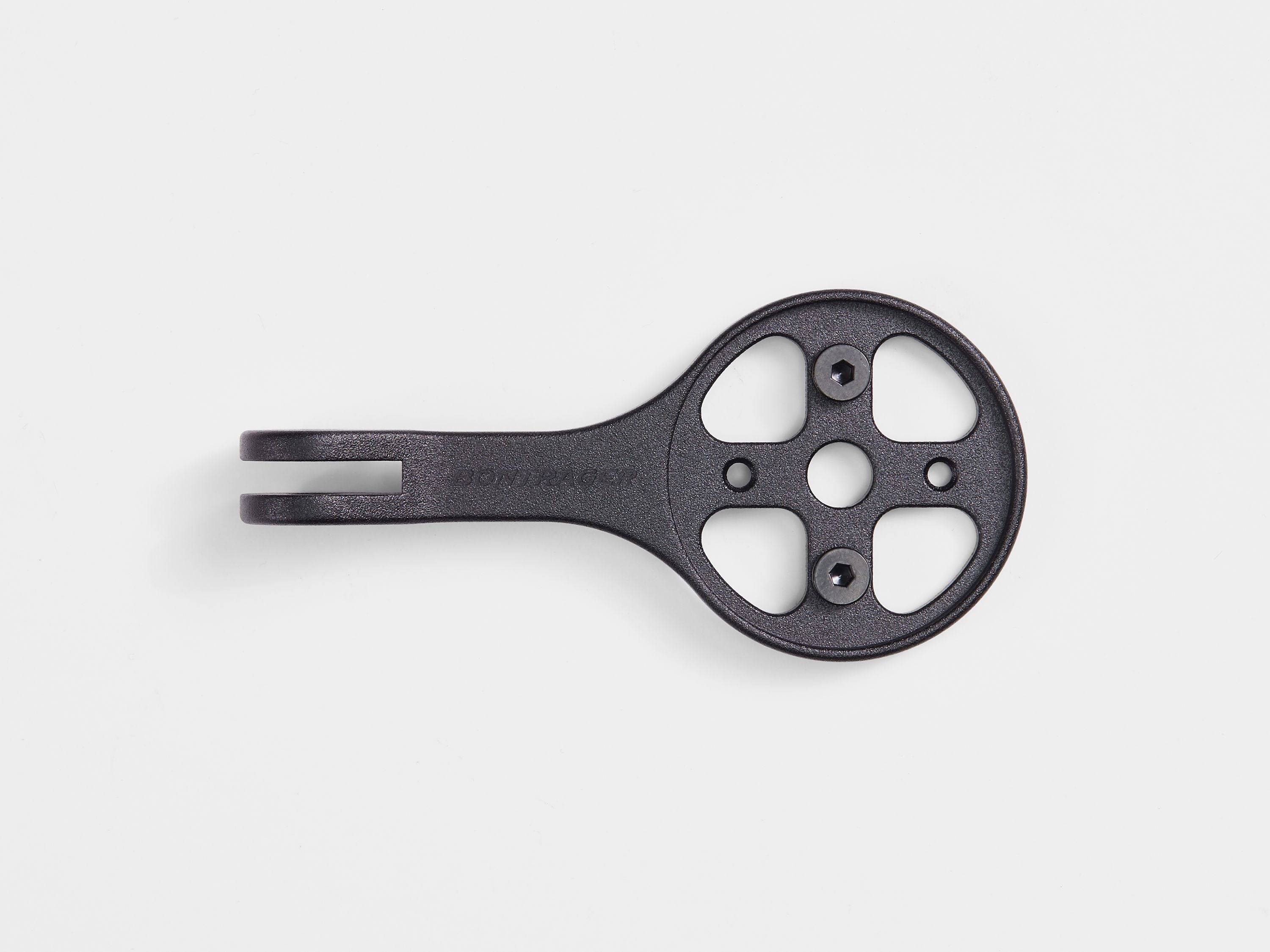 Black Bontrager Pro Blendr Alloy bike computer mount attached to a bicycle handlebar, designed for secure GPS and device attachment.