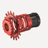 Wheels Manufacturing Solo-Spline 18T single speed conversion kit for Shimano Micro Spline hubs, red, with components visible.