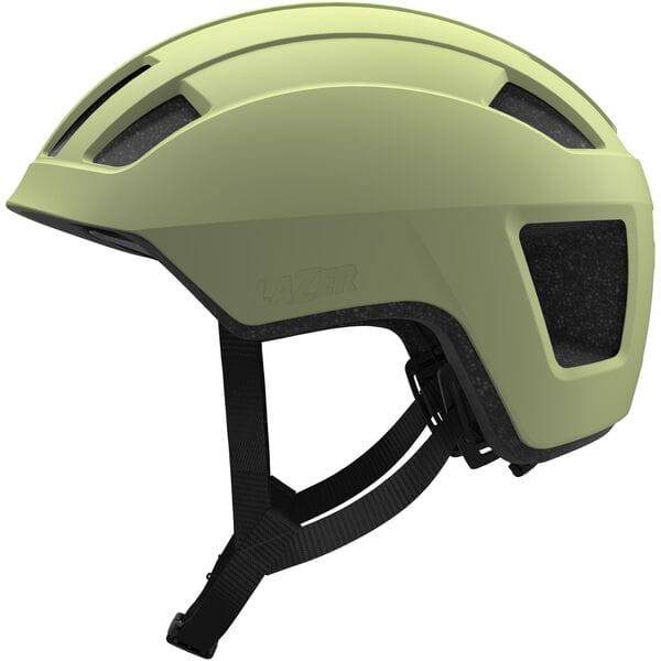 Lazer Verde KinetiCore cycling helmet in green with adjustable straps, featuring sustainable design and NTA 8776 certification.