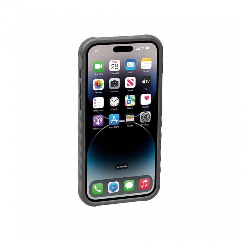Topeak RideCase for iPhone 14 Pro Max, black shockproof bike mount case, durable accessory for cycling and smartphone protection.