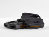 Black Bontrager City Pedal Set with reflective panels for urban cycling, featuring 9/16-inch components and durable design.