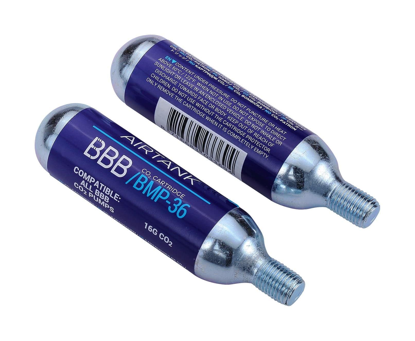 BBB BMP-35 AirTank CO2 cartridge 2-pack for MTB and road bike tire inflation, shown with cartridges ready for use.
