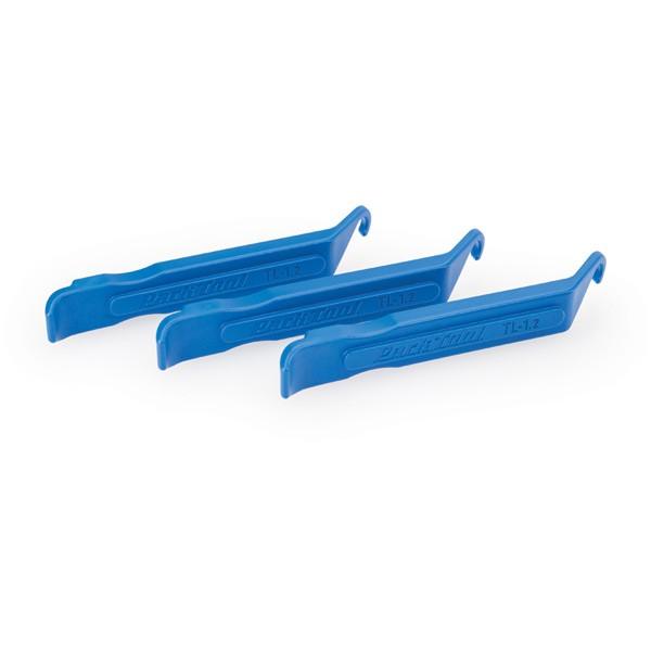 Park Tool TL-1.2 tyre lever set of 3 for easy tubeless and standard bicycle tyre removal, displayed in a workshop setting