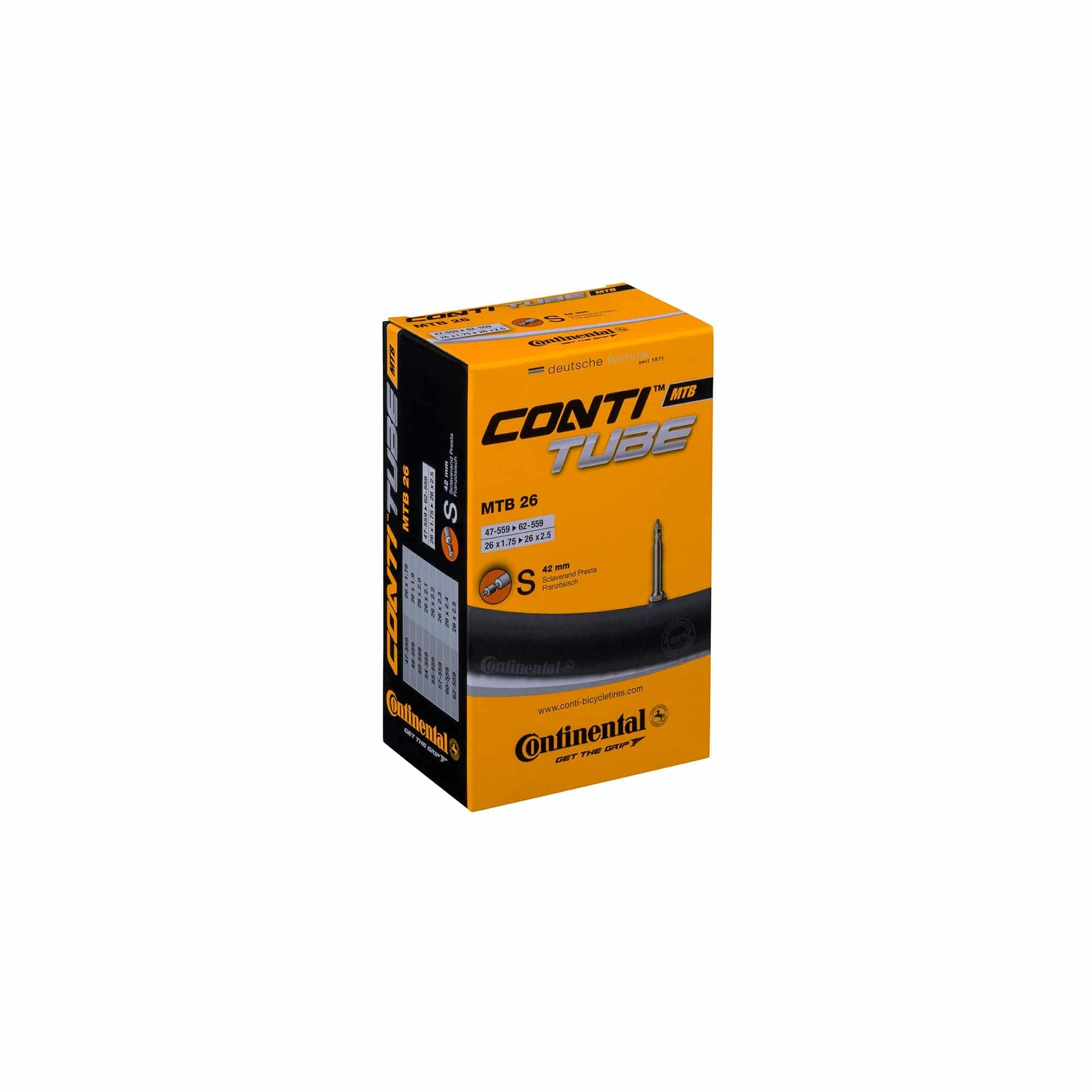 Black Continental 26x1.75-2.50 MTB inner tube with Presta valve, suitable for mountain bikes, shown in the image.