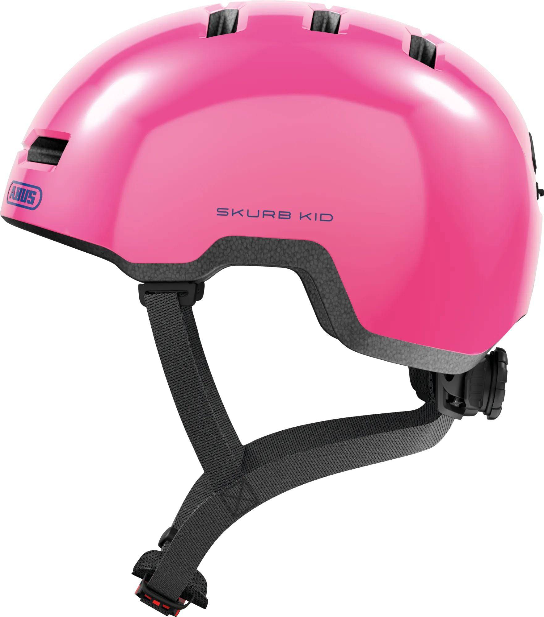 ABUS Skurb kids helmet in vibrant colors with adjustable straps, designed for bike, skateboard, and scooter safety.