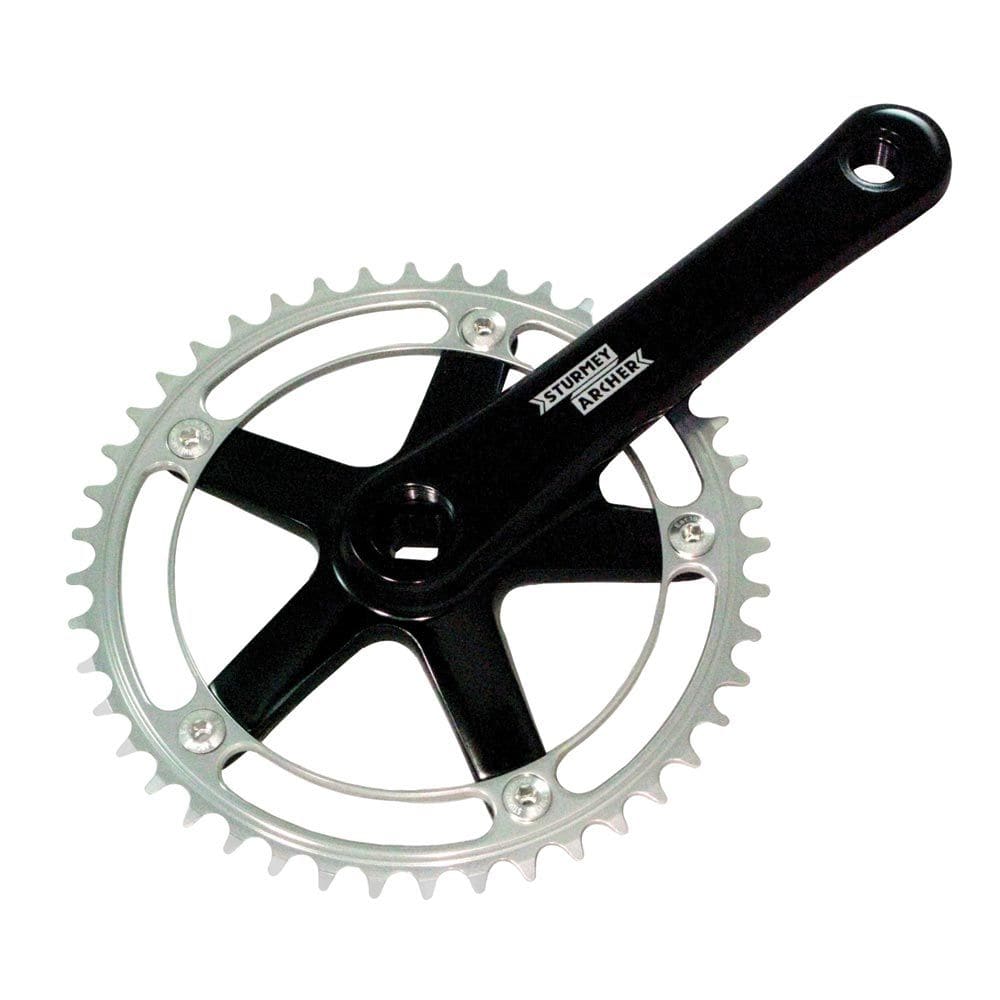 Sturmey Archer FCT62A track crankset with 144BCD 42-tooth chainrings in anodized colors, bike components for racing or fixie bikes.