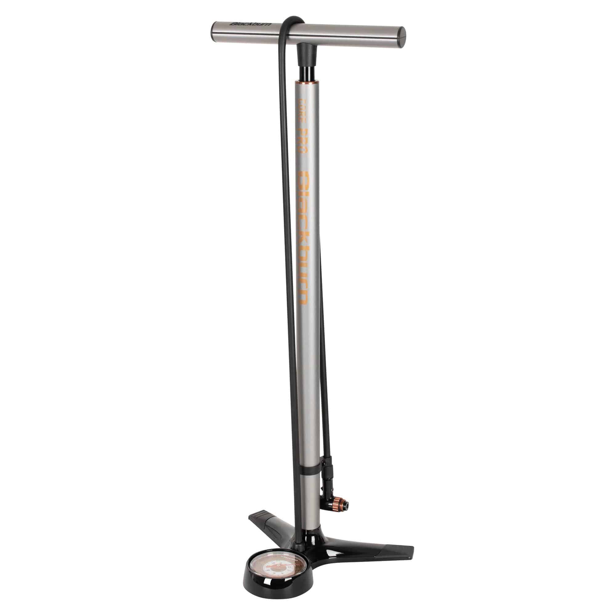 Blackburn Core Pro floor pump in grey with large pressure gauge and AirTap™ head for bicycle tire inflation.