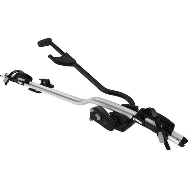 Thule 598 ProRide locking aluminum bike carrier attached to a vehicle with a bike secured on the upright rack.