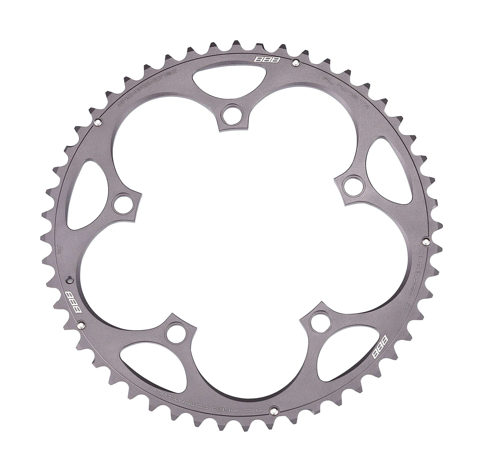 BBB RoadGear 2x9/10 speed 130BCD chainring for Shimano and SRAM double cranksets, shown with teeth and mounting holes.