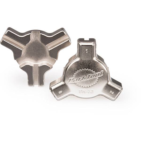 Park Tool SW-7.2 triple spoke wrench for bike wheel spokes, ergonomic design, used in bike workshop for spoke nipple adjustments.