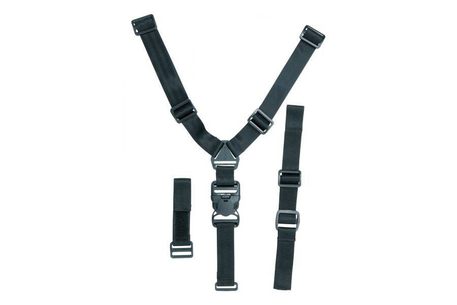 Black Topeak Babyseat II replacement shoulder straps for child bike seat safety, shown with padded adjustable straps.