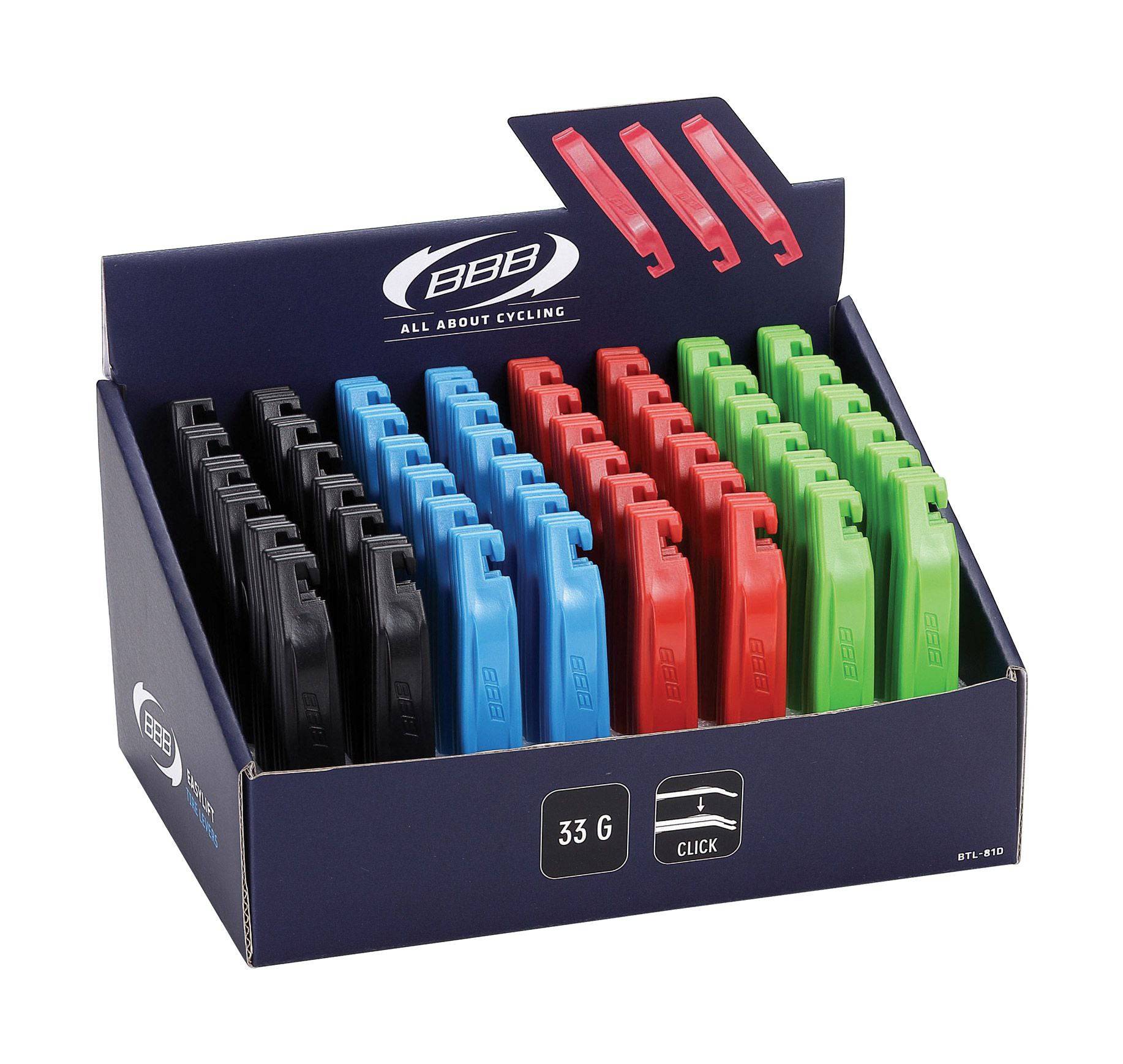 BBB BTL-81D EasyLift bike tire levers set of 3 with click-together design, shown in a workshop setting for bike tire removal.
