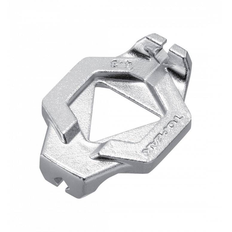 Topeak Duo Spoke Wrench tool for precise bike wheel spoke adjustments, shown in a workshop setting with the tool in focus.