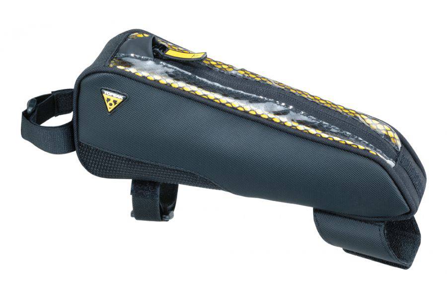 Small black Topeak Fastfuel TriBag bike bag attached to a top tube, designed for cycling essentials and accessories.