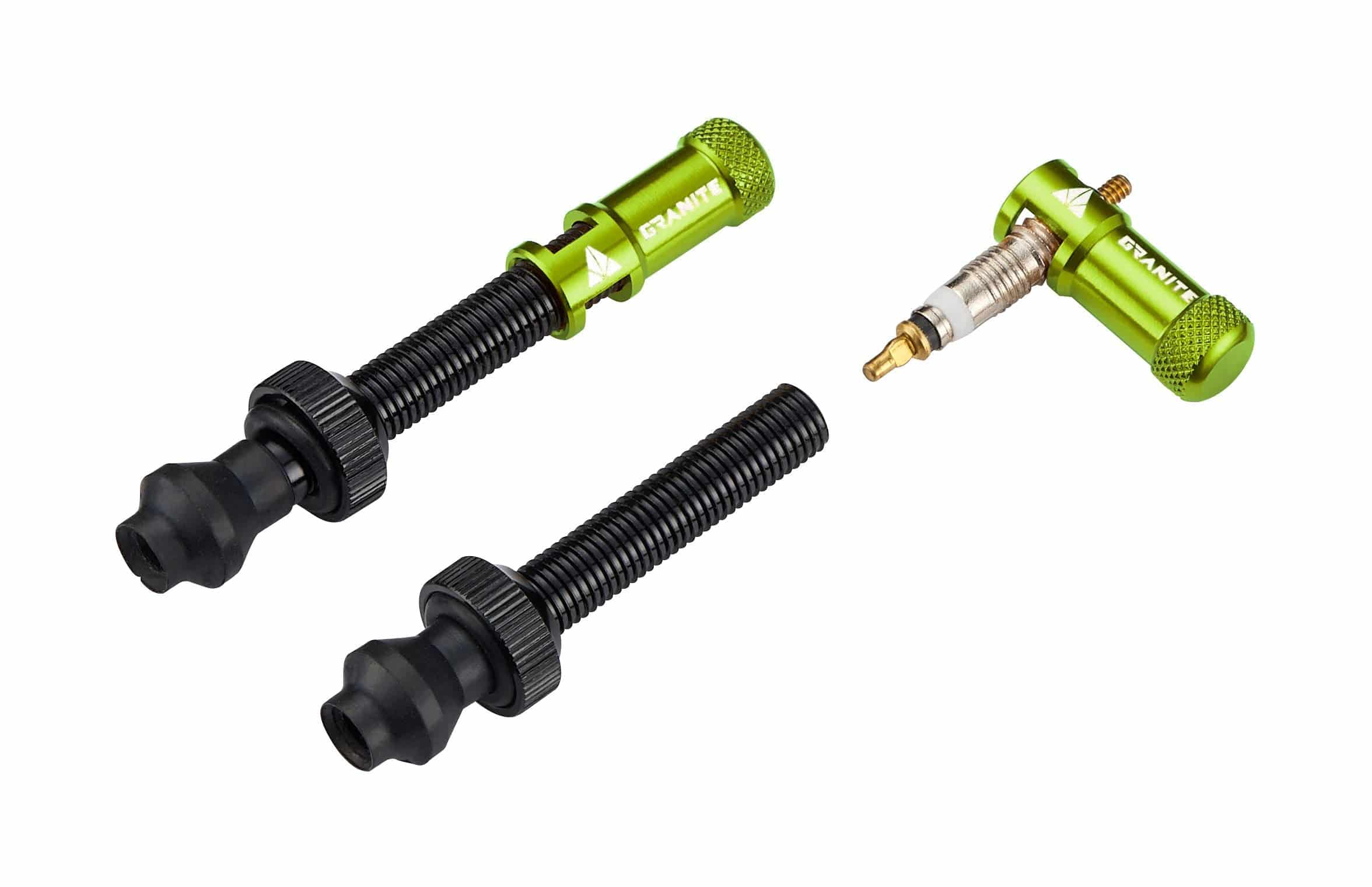 Granite JUICY NIPPLE valve cap with removal tool and optional valve stem set, made of durable components for tire maintenance.