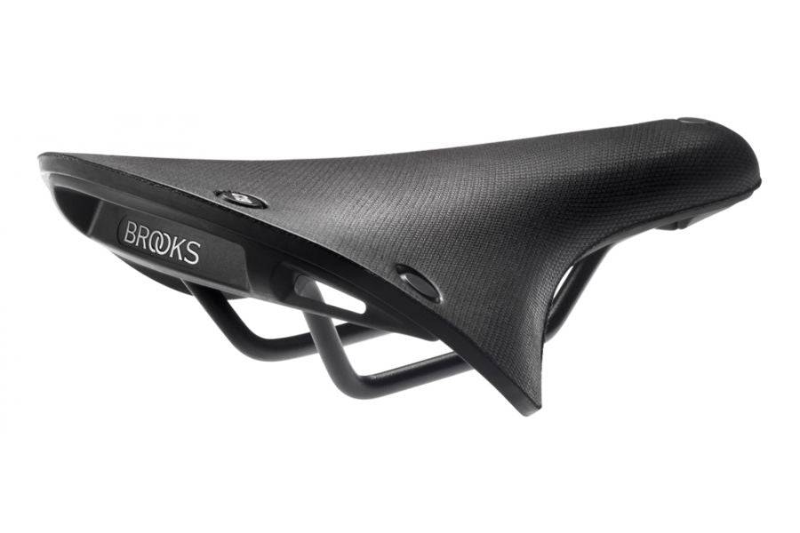 Brooks C19 Cambium all-weather waterproof city commuter saddle with accessory loops, designed for durable urban cycling comfort.