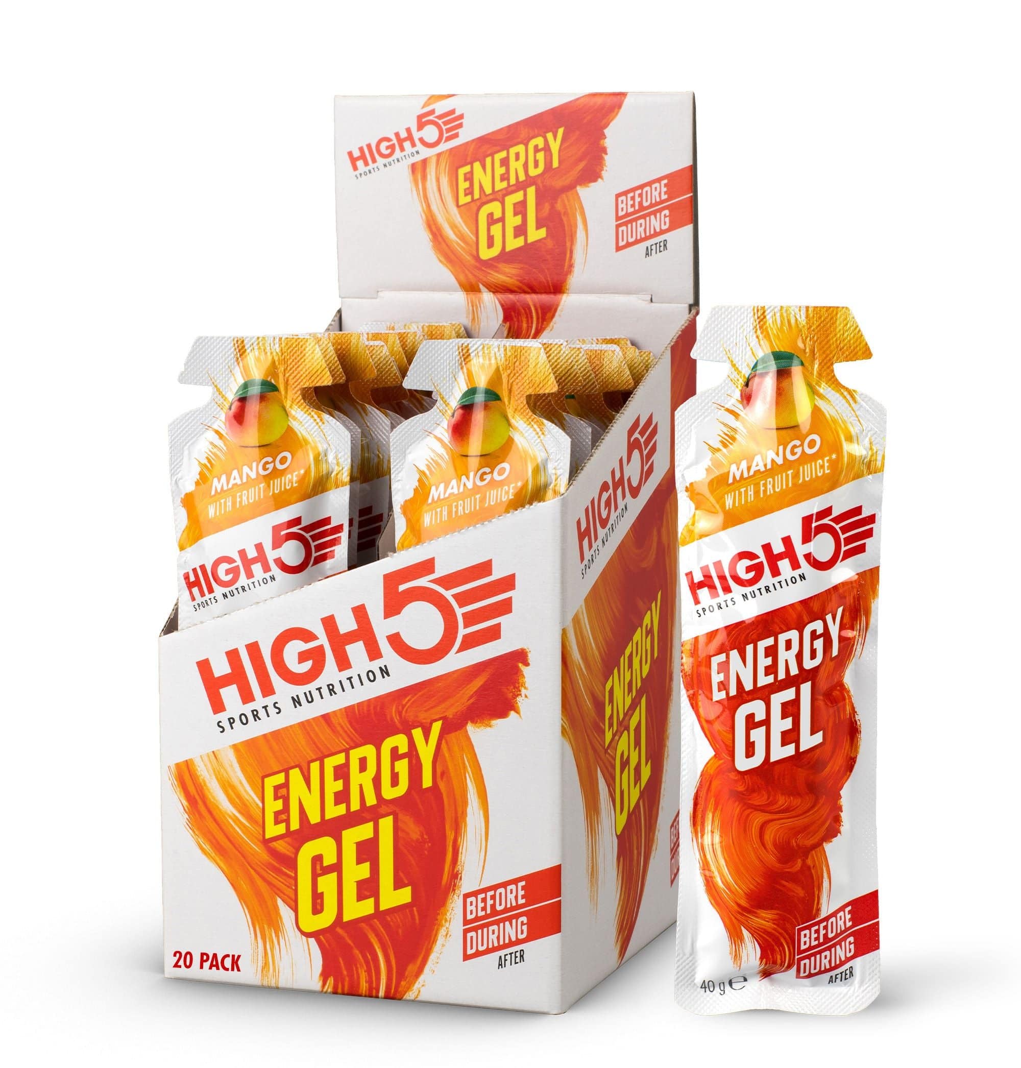 High5 Energy Gel sachets, fast carbohydrate fuel for endurance sports, displayed in a row, showing 20 individual sachets.