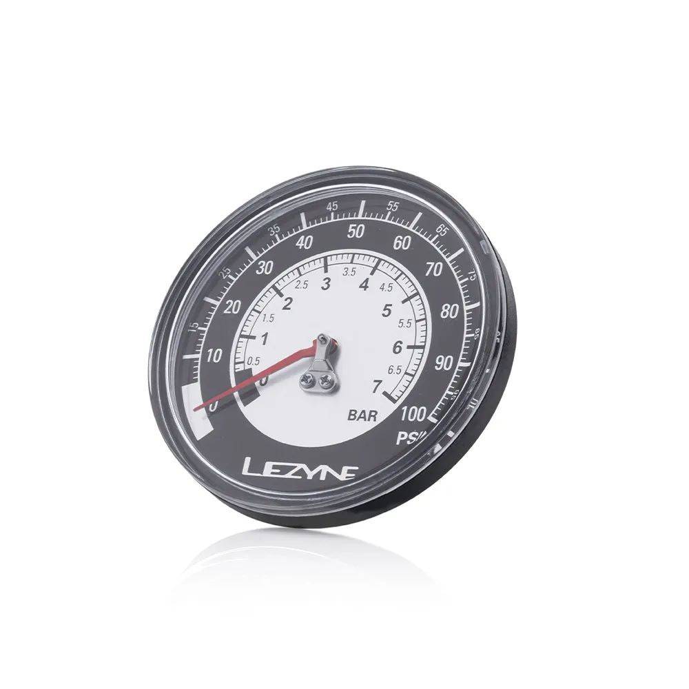 Lezyne 100 PSI 3.5-inch pressure gauge for sport gravel floor drive pumps, showing dial with PSI markings and brand logo