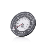 Lezyne 100 PSI 3.5-inch pressure gauge for sport gravel floor drive pumps, showing dial with PSI markings and brand logo