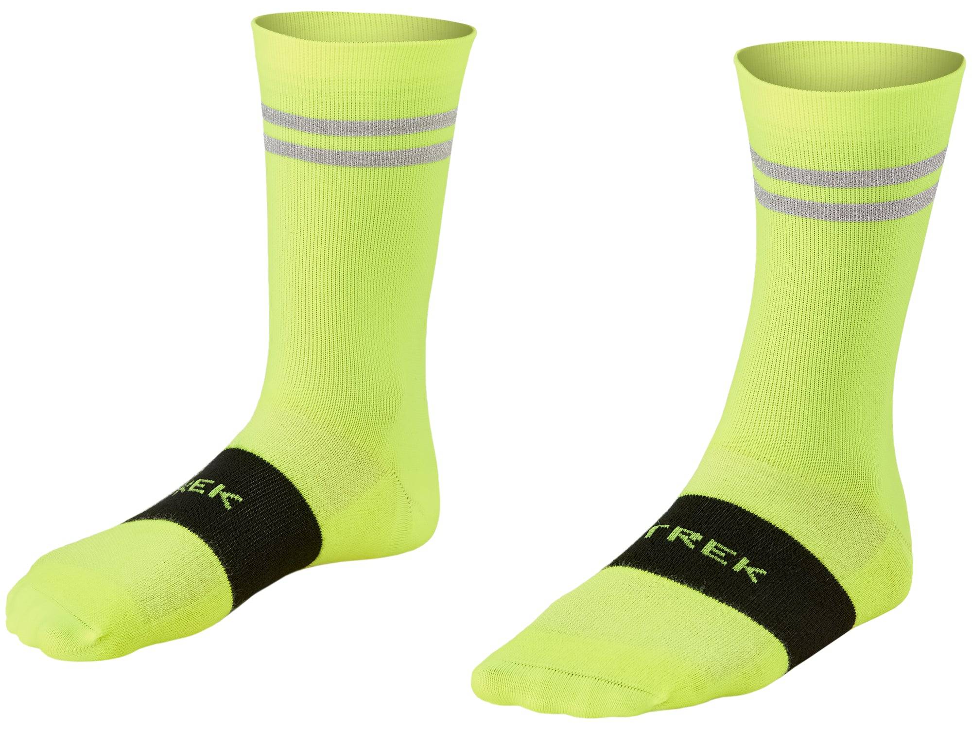 Trek Race Reflective Crew Cycling Socks with compression, eco-friendly yarn, featuring reflective stripes for visibility during rides.